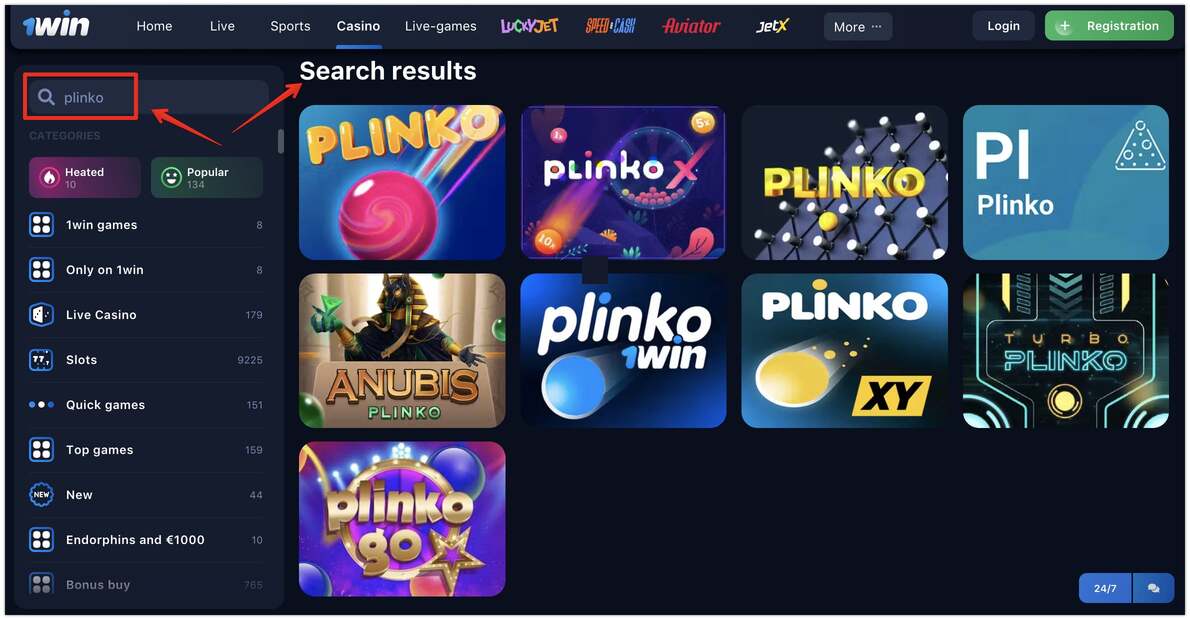 Gioco plinko online nel casinò 1win