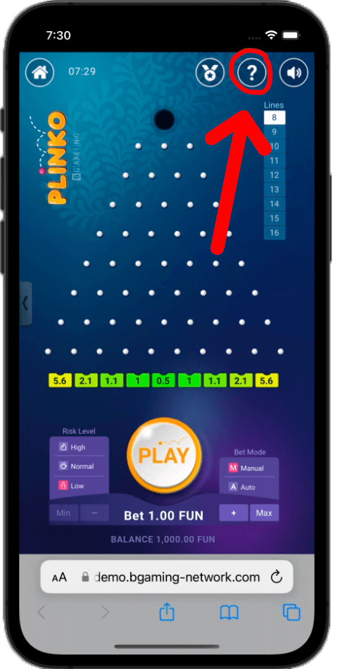 Soru işaretine tıkladığınızda Plinko oyununun kuralları hakkında bilgi sahibi olacaksınız